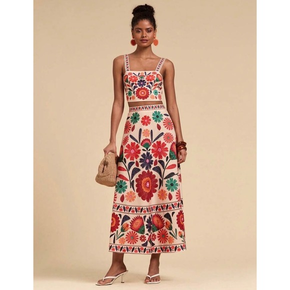 Dresses & Skirts - Floral Two Piece Crop Top and Midi Skirt Set Cream Red Large